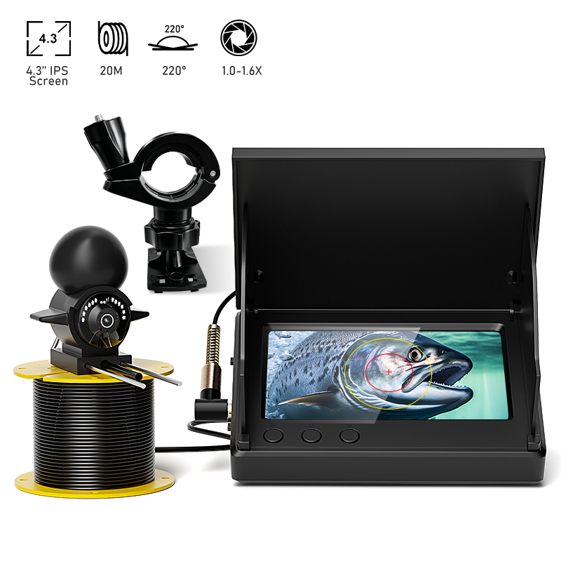 Fishing Camera - 4.3インチLCDポータブル魚群探知機、20m水中カメラ、水深220メートル対応 ° 夜間視界付きの湖氷魚観察用視野角調整機能